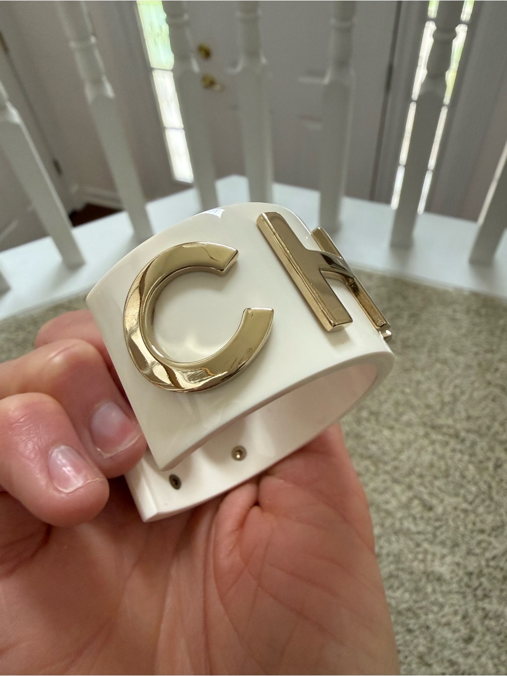 Chanel 2019C Ivory Resin Cuff Bracelet Gold Tone Chanel Letters - Picture 10 of 12